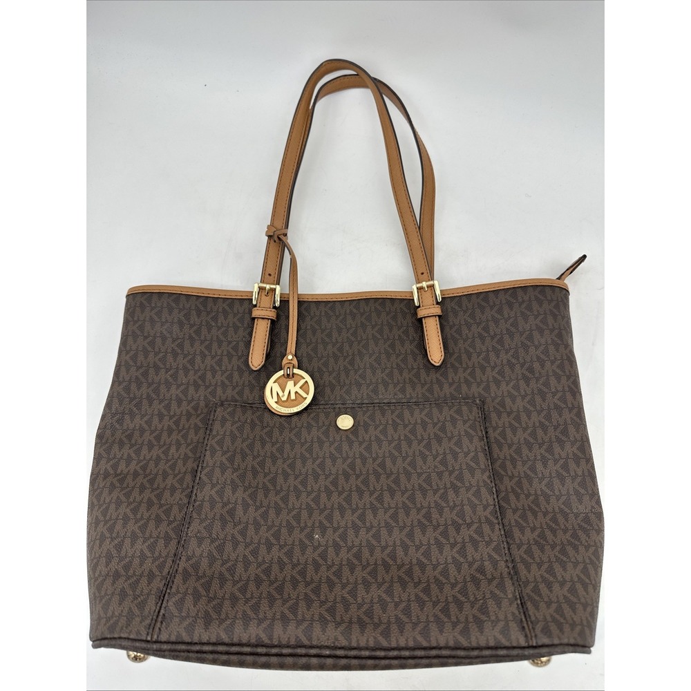 Michael Kors Tote Bag Beown Monogram Signature Shoulder Purse Large 15x11 EUC